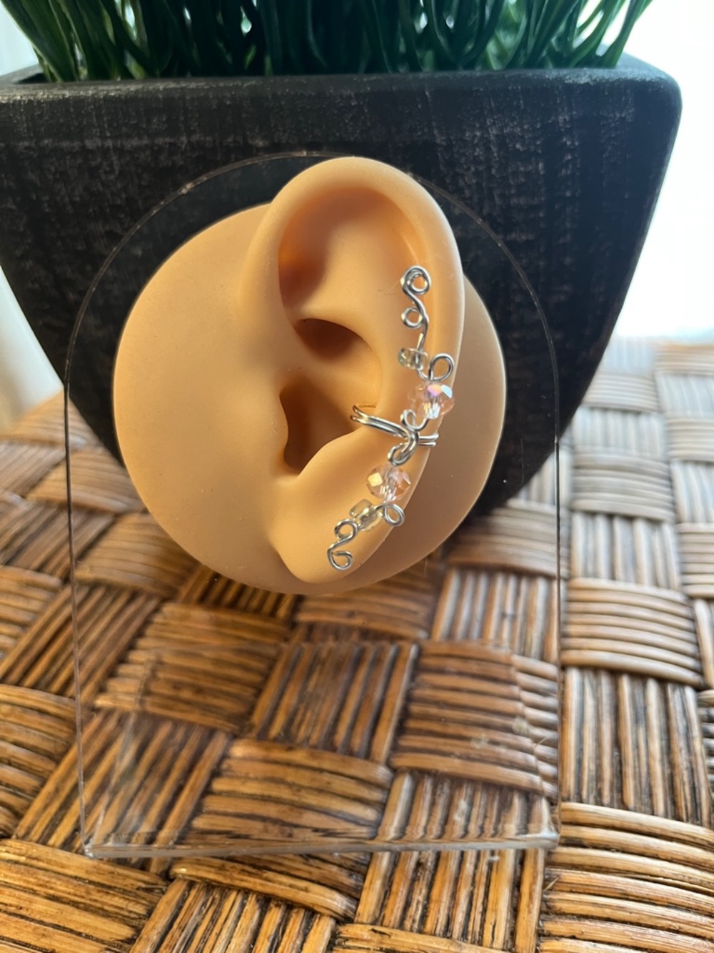 Delicate Silver Ear Cuff with Pink Iridescent Beads